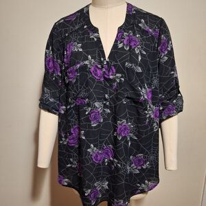 Torrid Harper Spider Webb & Purple Roses 3/4 Sleeve Boxy Top Size 3 Whimsigoth